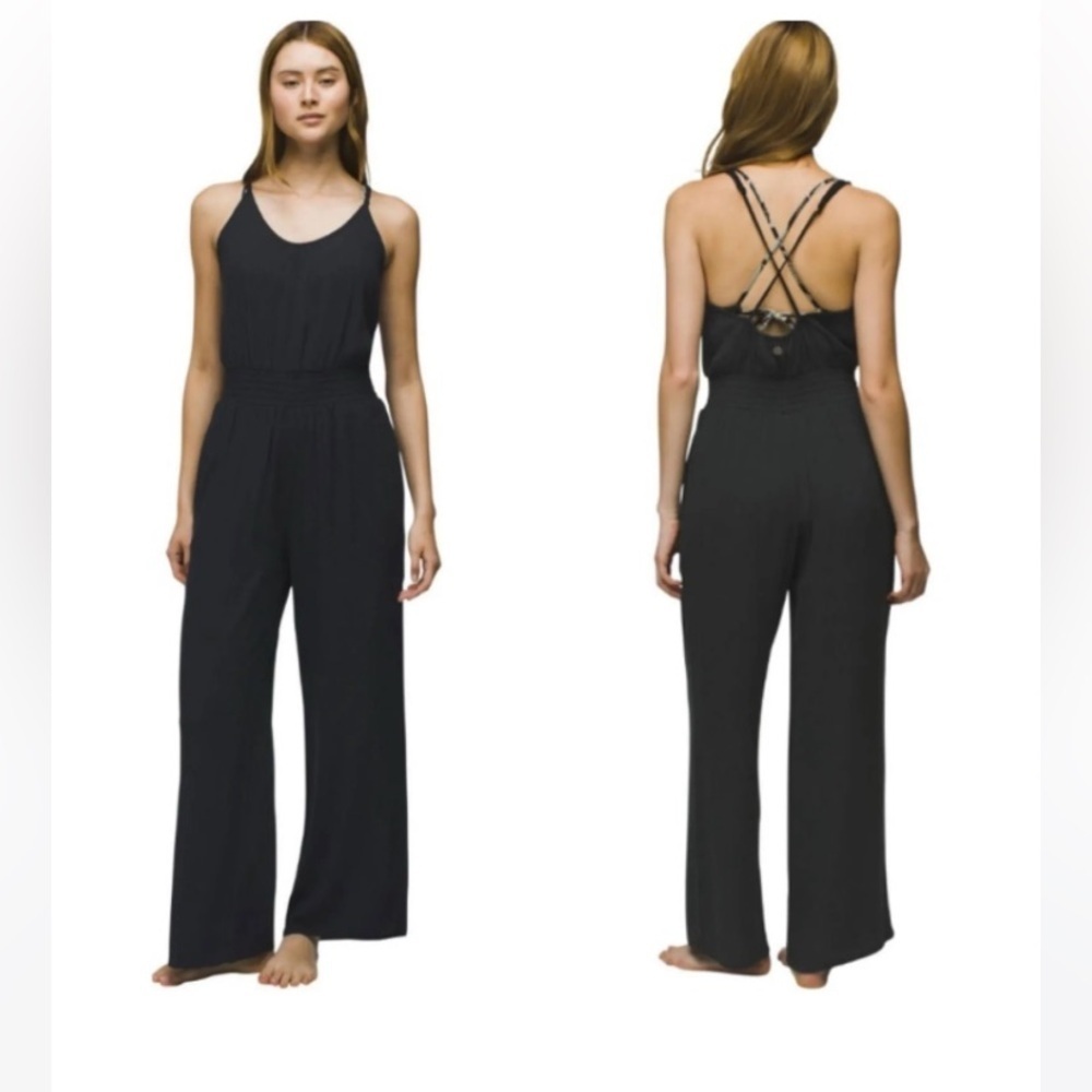 NWT Prana Fernie Wide Leg Black Beachy Crepey Cover Up Jumpsuit Womens Size S - Picture 1 of 13